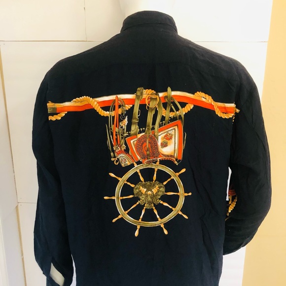 VINTAGE KBB Shirt Men M Black  Button Lightweight Band Collar 80’s Prints - Picture 2 of 15